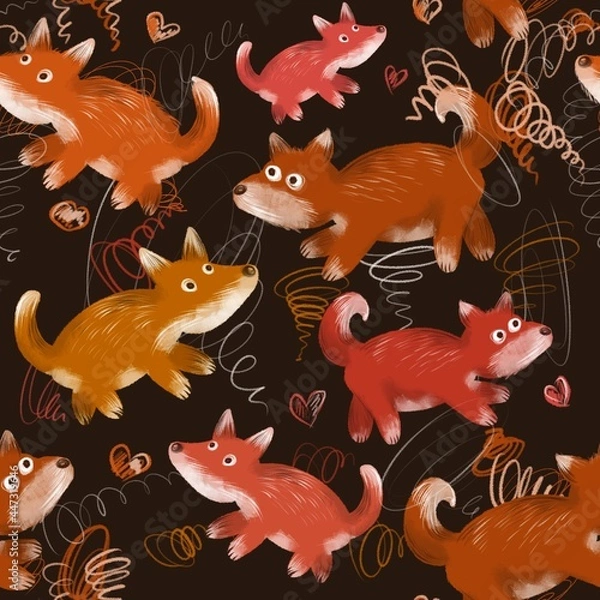 Obraz Cute ginger foxes. Seamless pattern. Digital art.