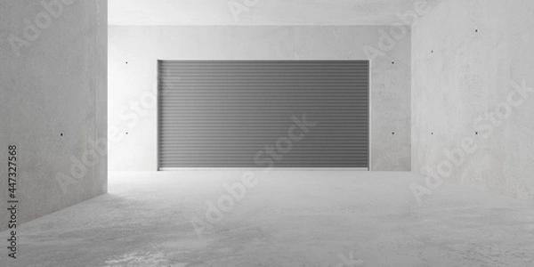 Fototapeta Empty modern abstract concrete room with rolling gate on back wall and rough floor, product presentation template background