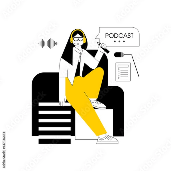 Obraz The girl is hosting a podcast. Female podcaster with headphones and a microphone with a pencil in her hands against the background of abstract geometric shapes. Modern flat vector illustration 