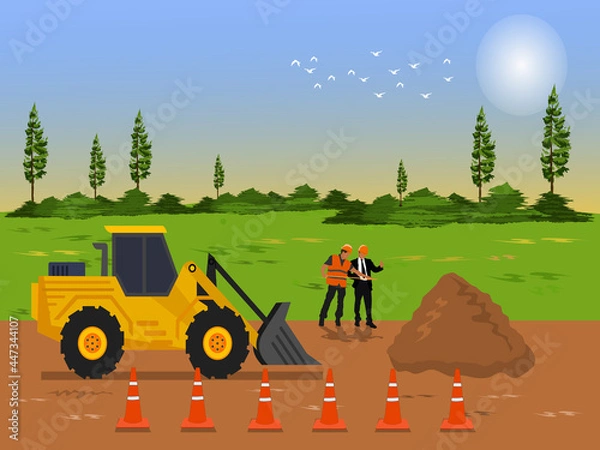 Obraz The tractor is grading to make the road. Two  construction supervisor are working on the road. with  fields and sky in the background
