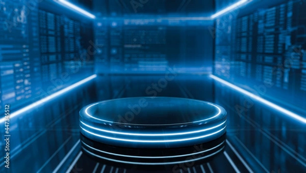 Obraz Futurystyczny cokoł stołowy do wyświetlania z oświetlonym światłem. Puste błyszczące podium dla produktu. Koncepcje sceniczne i science fiction. Ilustracja 3D.