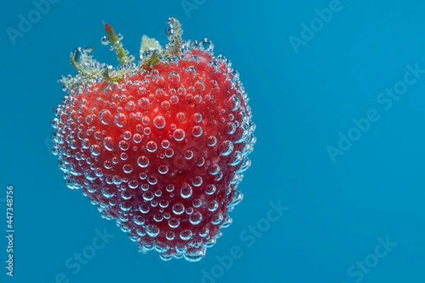 Obraz Isolated red strawberry in sparkling water with blue background