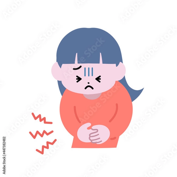 Fototapeta 腹痛で苦しそうにお腹を押さえている女の子