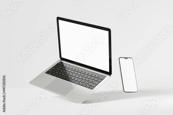 Fototapeta 3D illustration rendering object. Laptop computer silver and black color with smartphone mobile blank screen.