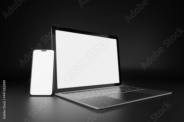Fototapeta 3D illustration rendering object. Laptop computer silver and black color with smartphone mobile blank screen in dark theme
