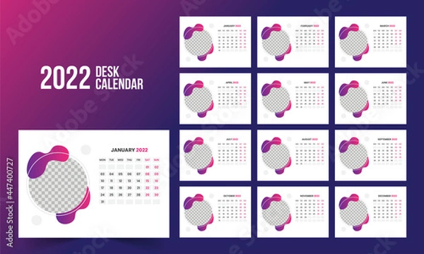Fototapeta Calendar 2022 planner corporate template design set. Week starts on Monday. template for annual calendar 2022