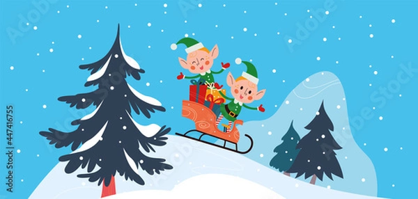 Fototapeta Winter holiday illustration with cute Santa elves characters sledding at snowy mountain landscape. Vector cartoon flat concept. For card, package, banner, invitation.