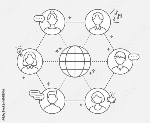Obraz オンラインコミュニティの線画、人々がネットワークを通じてコミュニケーションしている様子