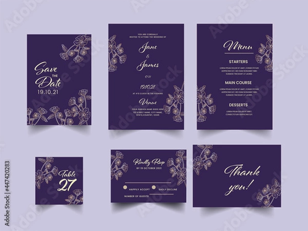 Fototapeta Elegant Wedding Invitation Suite In Purple And Golden Color.