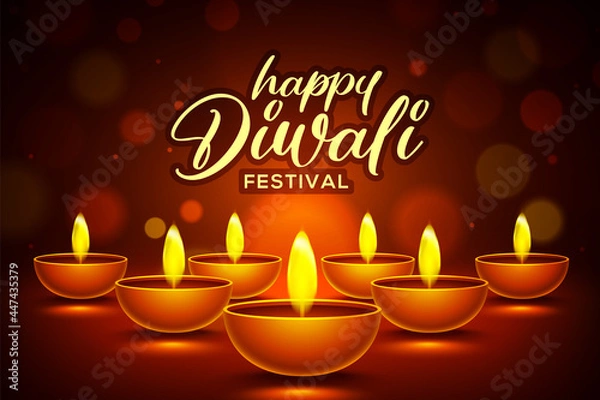 Fototapeta Happy diwali design with diya oil lamp elements on brown rangoli background, bokeh sparkling effect
