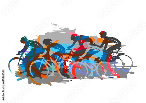 Obraz Cycling race, road cycling. 
Expressive Illustration of cyclists in full speed. Imitation of brush drawing.
