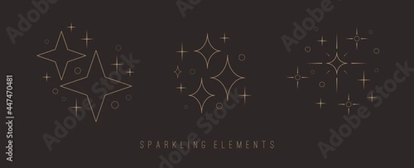 Fototapeta Outline twinkle Stars. Golden Sparkles. Various shapes. Minimalistic Icons. Elegant thin line simple geometric design. Party, celebration concept. Trendy Vector set. All elements are isolated