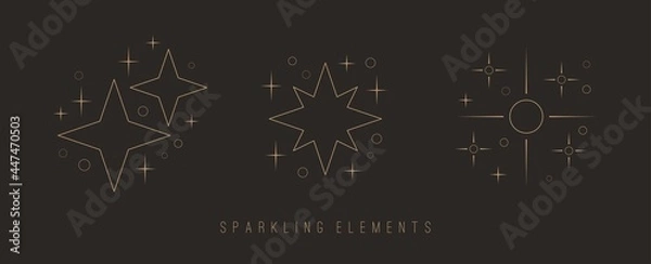 Fototapeta Outline twinkle Stars. Golden Sparkles. Various shapes. Minimalistic Icons. Elegant thin line simple geometric design. Party, celebration concept. Trendy Vector set. All elements are isolated