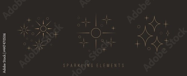 Fototapeta Outline twinkle Stars. Golden Sparkles. Various shapes. Minimalistic Icons. Elegant thin line simple geometric design. Party, celebration concept. Trendy Vector set. All elements are isolated