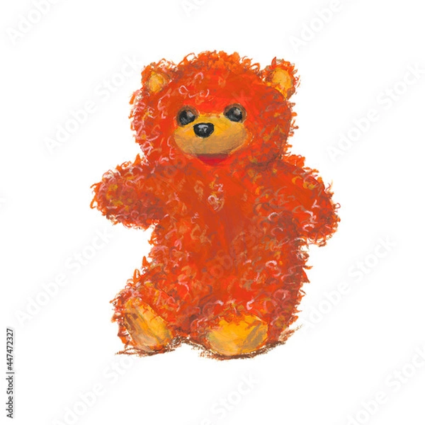 Obraz sitting fluffy red teddy bear, toy, oil pastel and gouache drawing 