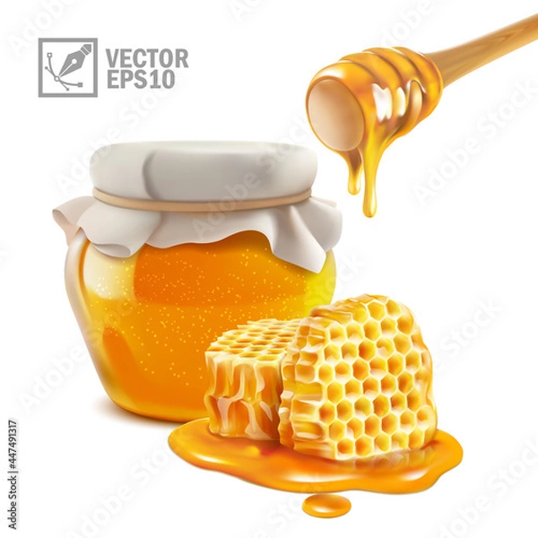 Fototapeta 3d realistic isolated vector honey jar and stick with liquid honey flowing on honeycomb pieces in a puddle