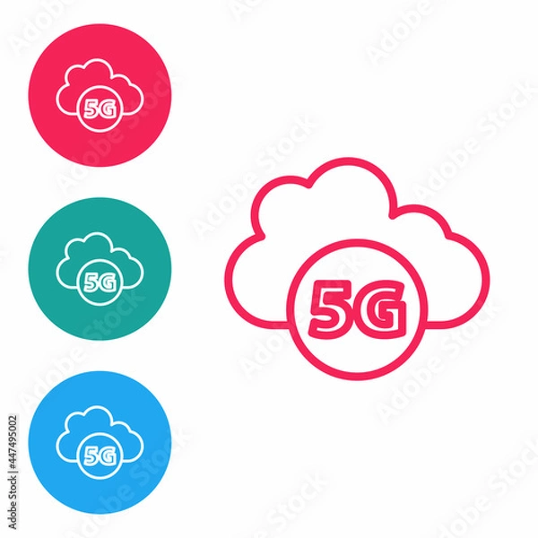 Fototapeta Red line Cloud 5G new wireless internet wifi connection icon isolated on white background. Global network high speed connection data rate technology. Set icons in circle buttons. Vector