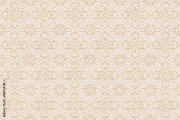 Fototapeta 3D volumetric convex embossed geometric beige background. Doodling technique. Ethnic art oriental, asian, indian pattern with handmade elements for design and decoration.
