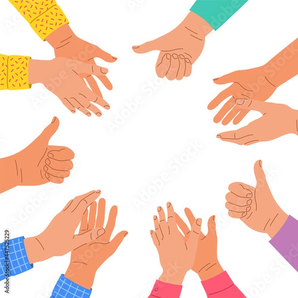 Obraz Clapping human hands. Group of men and women congratulates a winner. Business team applauding for great successful work. Teamwork and togetherness concept. Hand drawn illustration. Square banner
