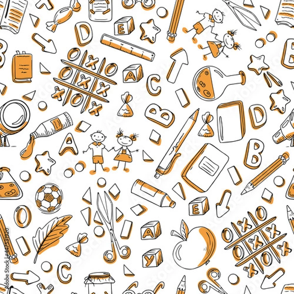 Fototapeta Seamless school vector pattern. School supplies, books, notebooks, pencils, pins on the background of a white sheet. Back to school sketch background. Stock vector illustration.