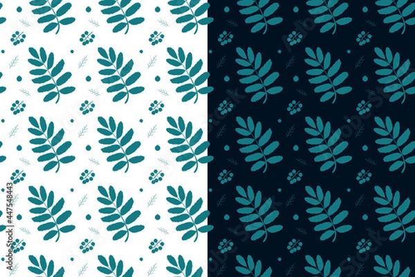 Fototapeta Seamless pattern of sea ash leaves, berries and twigs on a white and dark background. Vector flat illustration for fabrics and wallpaper