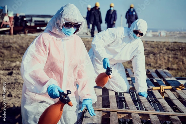 Fototapeta An employee in a suit, gloves, mask with equipment conducts surface sanitization