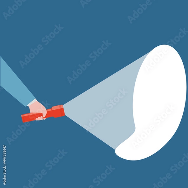 Obraz hand with a flashlight shines, illuminates, finds something, vector illustration
