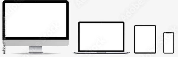 Fototapeta Mockup of Realistic Computer, Laptop, Tablet and smartphone with Transparent Wallpaper Screen Isolated. Set of Device Mockup Separate Groups and Layers. Easily Editable Vector. Vector illustration