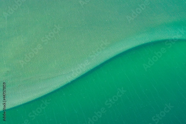 Obraz Abstract aerial view of blue-green water in shifting red deposition of sediment gradually moving through alluvial plains of Francois Peron National Park in Western Australia.