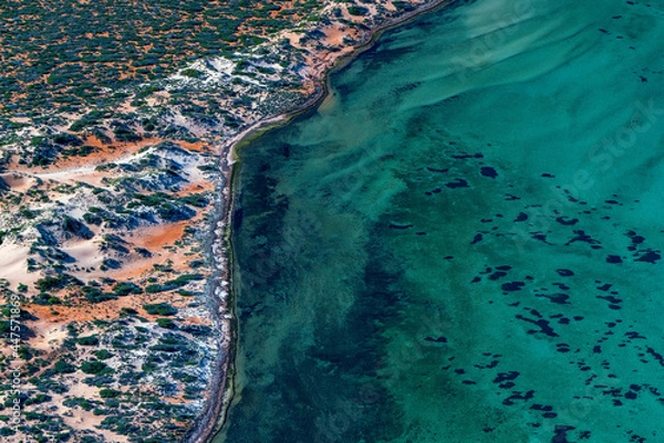 Obraz Abstract aerial view of blue-green water in shifting red deposition of sediment gradually moving through alluvial plains of Francois Peron National Park in Western Australia.