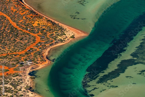 Obraz Abstract aerial view of blue-green water in shifting red deposition of sediment gradually moving through alluvial plains of Francois Peron National Park in Western Australia.