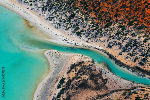 Obraz Abstract aerial view of blue-green water in shifting red deposition of sediment gradually moving through alluvial plains of Francois Peron National Park in Western Australia.