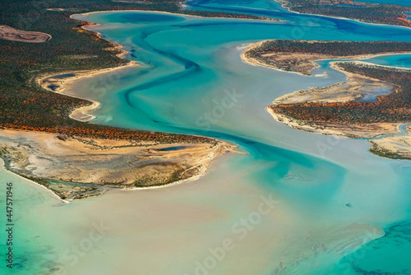 Obraz Abstract aerial view of blue-green water in shifting red deposition of sediment gradually moving through alluvial plains of Francois Peron National Park in Western Australia.