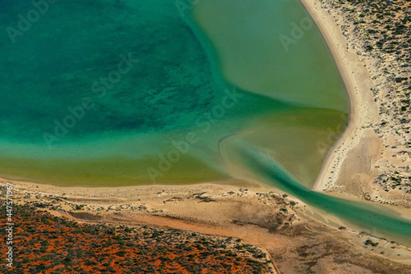 Obraz Abstract aerial view of blue-green water in shifting red deposition of sediment gradually moving through alluvial plains of Francois Peron National Park in Western Australia.