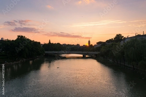 Fototapeta Skyline of Nanjing city at sunset in China