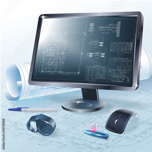 Fototapeta Architectural background with a monitor