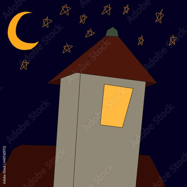 Fototapeta A vector with an object home with a tower with Windows at night