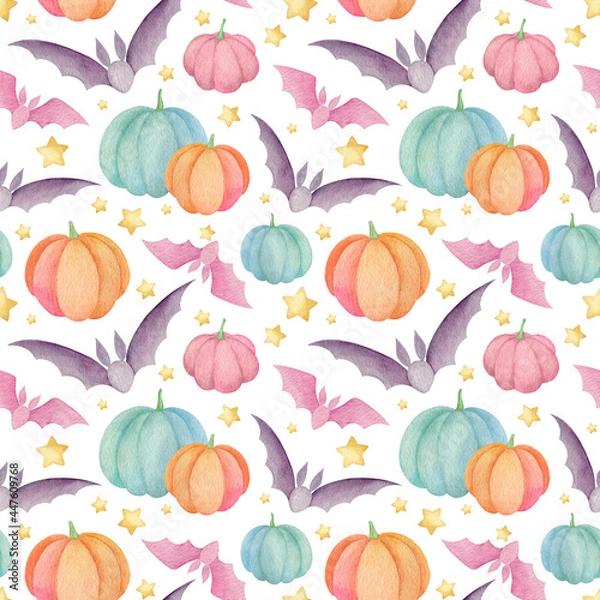 Fototapeta Pastel colored Halloween background: watercolor bats, pumpkins and stars isolated on a white. Spooky scrapbook design. Fall season holiday wallpaper and fabric texture. Hand-drawn elements
