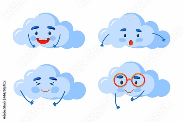 Fototapeta Set of cute clouds flat design with different mood. Cute set of faces kawaii cloud background.