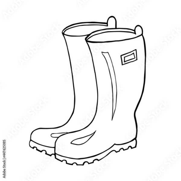 Fototapeta Illustration with autumn rubber boots. Line drawing, vector graphics. Black and white picture for coloring.