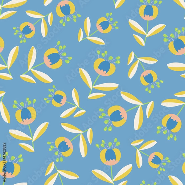 Fototapeta Baby blue with whimsical, simple simple flowers seamless pattern background design.