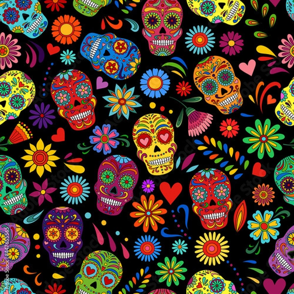 Obraz Day of the dead sugar skull pattern. Dia de los muertos print. Day of the dead and  mexican Halloween. Mexican tradition  festival texture. Dia de los Muertos tattoo skulls on black background.
