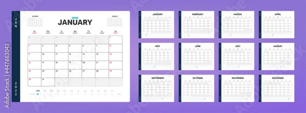 Fototapeta Calendar organizer template for 2022 year timeline. Annual diary planner schedule design. Corporate calendar, business planner. 2022 calendar for events. Diary template. Week starts on Sunday. Vector