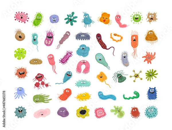 Fototapeta Collection of colorful bacteria and viruses with different emotions. Funny cartoon microbes.