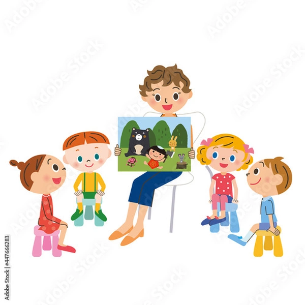 Obraz 紙芝居を読み聞かせる先生と子供達