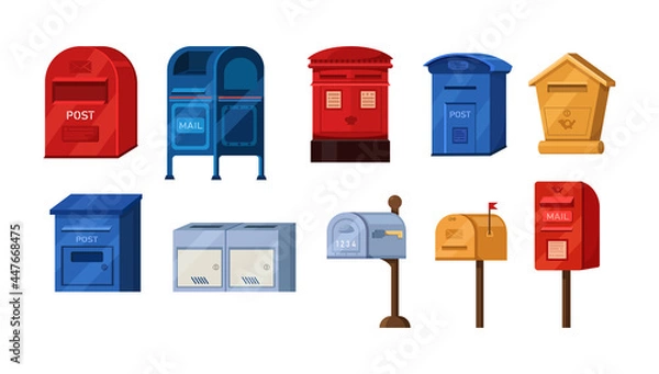 Fototapeta Isometric mailbox set. Postbox for paper letters newspapers correspondence delivery. Retro modern containers for post service shipment paper correspondence. Receive send mail communication