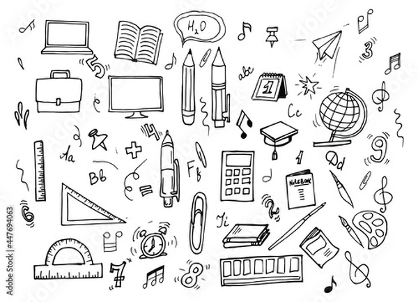 Fototapeta Back to school with hand drawn school supplies - big set. Doodle and school items collection. Sketch icon. Kids ink style background. Education concept. Vector illustration.