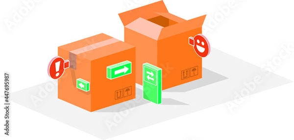 Obraz Small town of boxes. Urban packaging made with boxes and signs. Vector illustration of roads, highways and signs in the middle of the city of boxes.