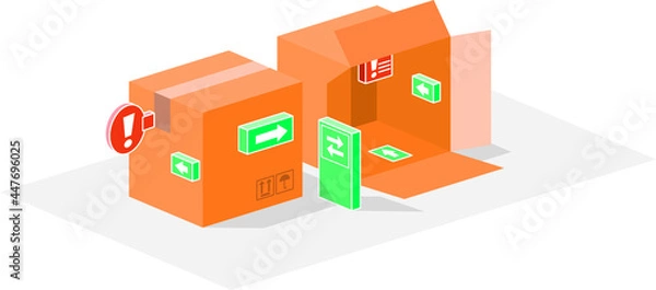 Obraz Small town of boxes. Urban packaging made with boxes and signs. Vector illustration of roads, highways and signs in the middle of the city of boxes.