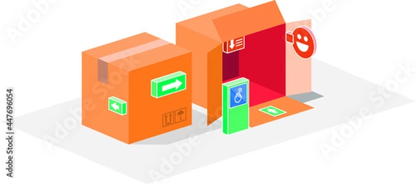 Obraz Small town of boxes. Urban packaging made with boxes and signs. Vector illustration of roads, highways and signs in the middle of the city of boxes.